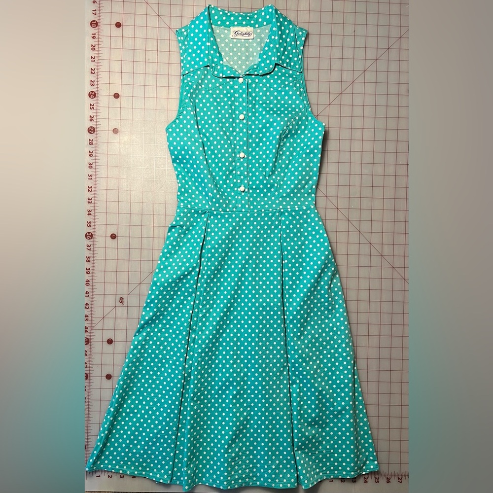 Golightly | Teal A-Line Dress White Polka Dots Pockets Size XS Pinup 50s Retro
